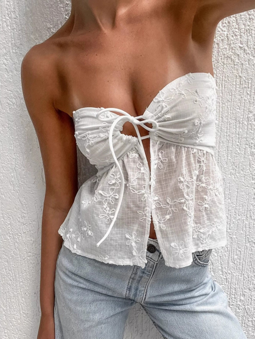 Forever 21 White Jacquard Cropped Tube Top Boho Summer Cotton